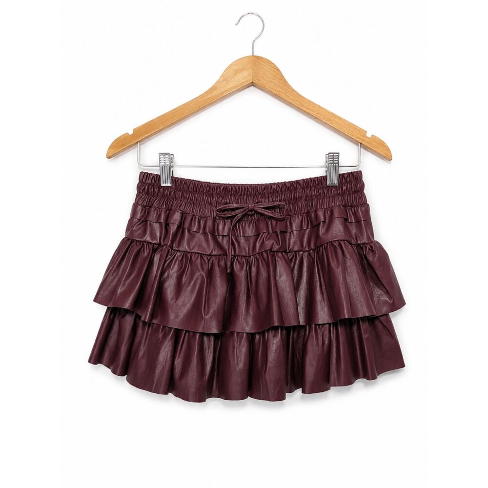 Day + Moon Burgundy Faux Leather Tiered Ruffle Skort M Elastic Waist Mini Fall